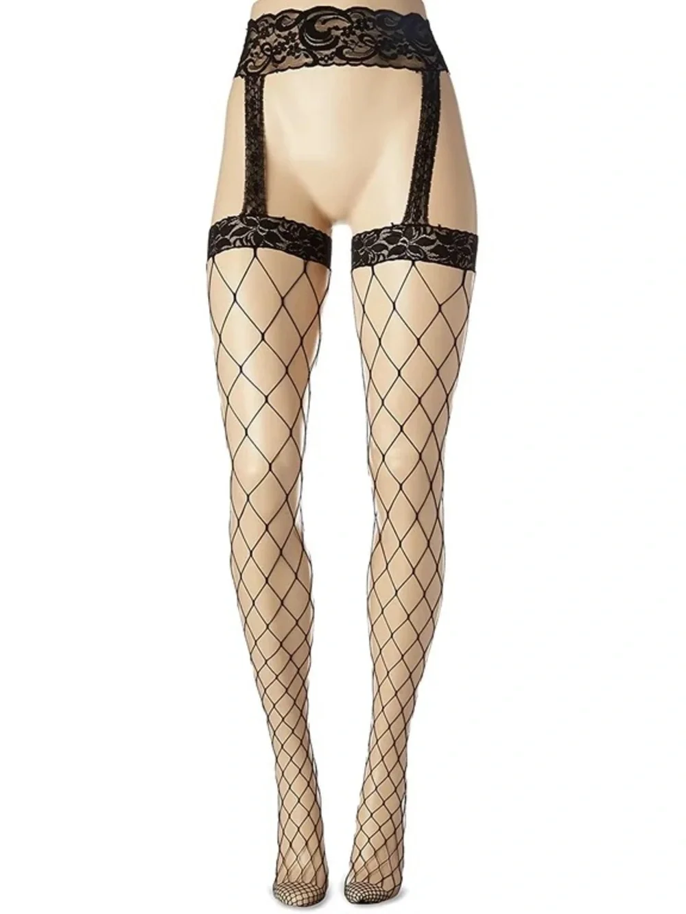 Music Legs Black Diamond Fishnet Thigh-High Stockings with Lace Top